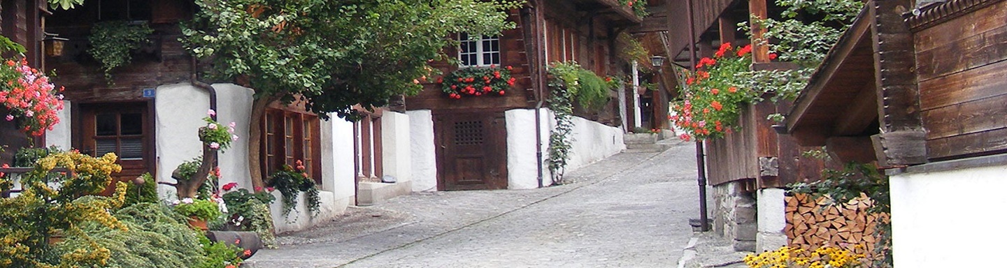 Typische Holzchalets mit prächtigem Blumenschmuck in Brienz