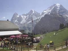 Nebelverhangener Blick auf Eiger, Mönch und Jungfrau.