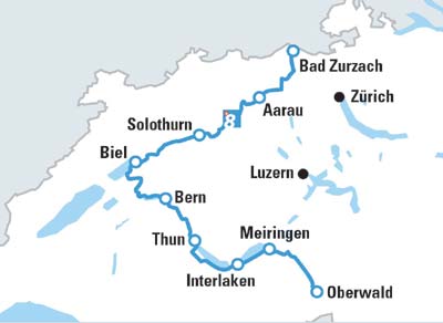Landkarte mit dem Verlauf des Aare-Radwegs von Oberwald über Interlaken, Thun, Bern, Biel, Solothurn und Aarau nach Bad Zurzach