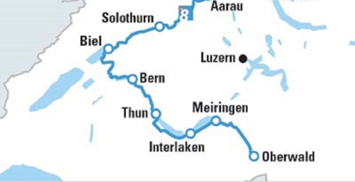 Ausschnitt aus der Landkarte des Aare-Radwegs