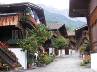 Typische Holzchalets mit Blumenschmuck im Dorf Brienz